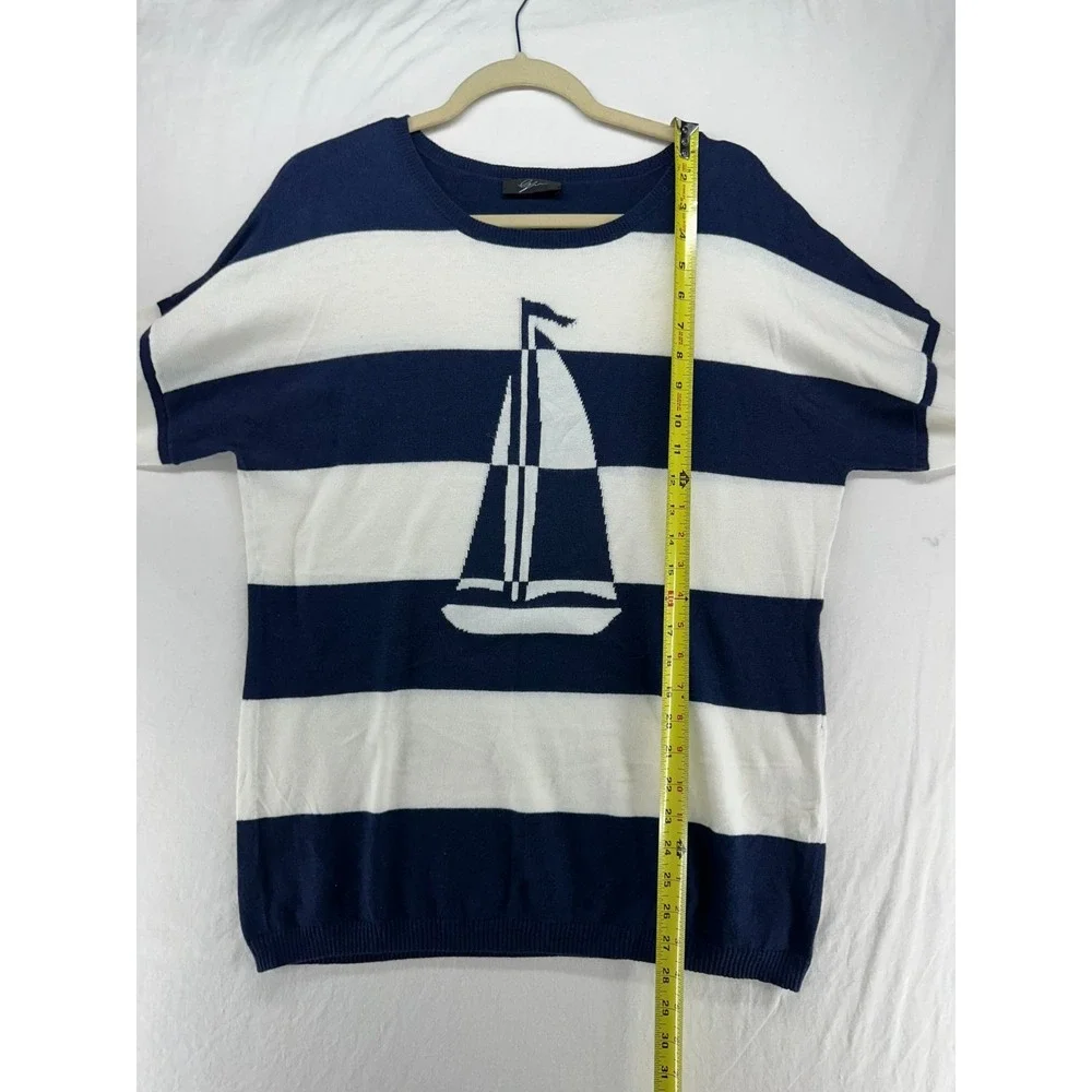 G.W. Sailboat Striped Sweater Navy White Nautical Knit Top Large
